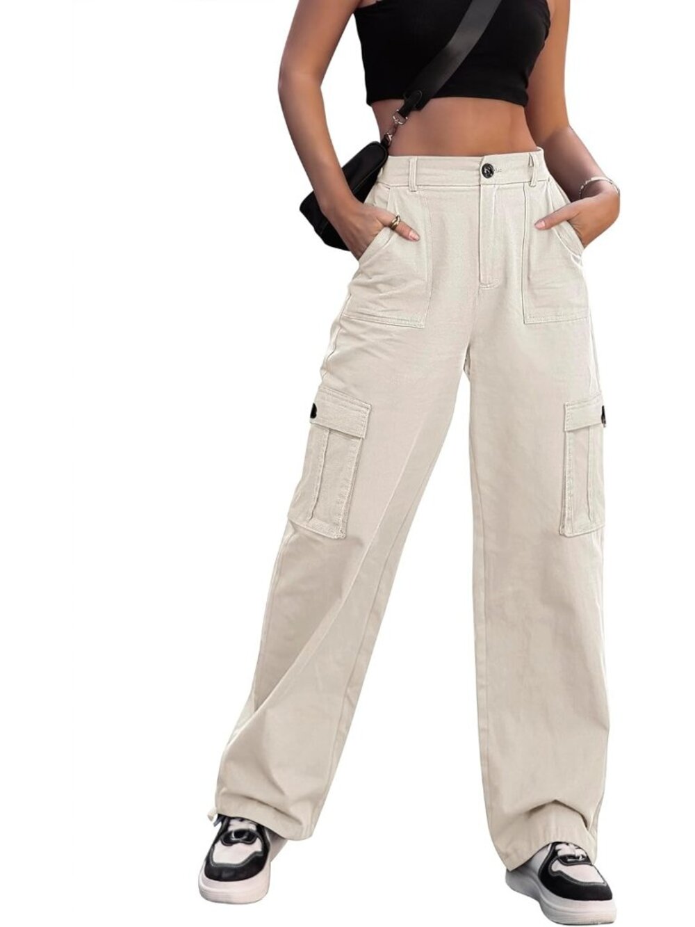 Women's Apricot Combat Military 6 Pockets Leg Casual High Waisted Cargo Pants
